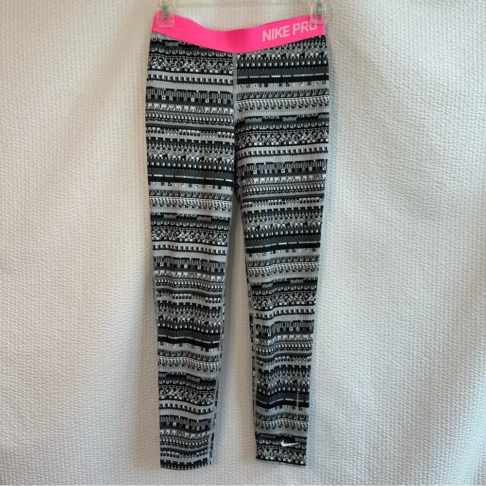Nike Pro Girls Dri-FIT Printed Compression Athletic Leggings Youth Large Black